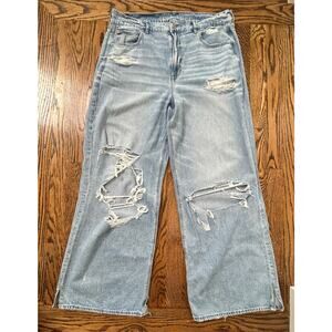 American Eagle Super High Rise Baggy Wide Leg Distressed Ripped Jeans